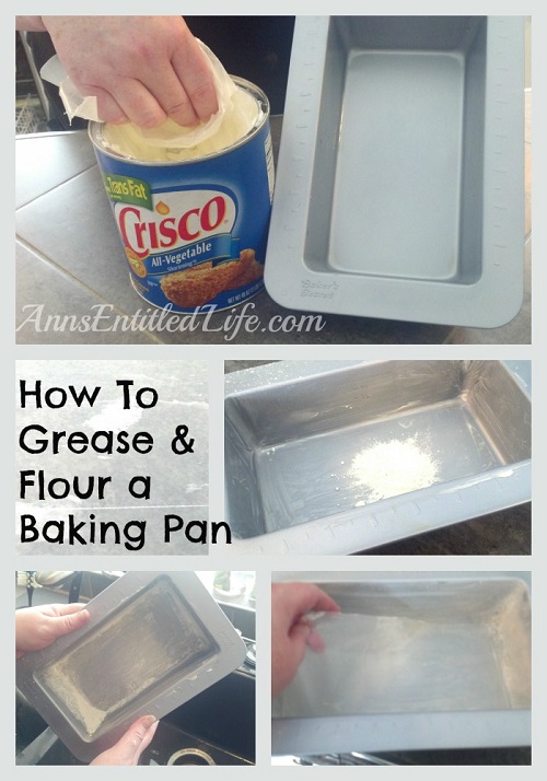 A collage of photos showing how to spread Crisco, flour, inside a baking pan to coat it