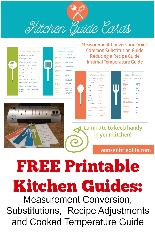 Printable Cooking and Baking Guides. Print out a selection of free cooking and baking guides including Kitchen Measurement Conversion Chart, Common Substitution Guide, Reducing a Recipe Guide and Internal Temperature Guide. Never wonder again how to half a recipe, what the proper internal temperature of pork should be or how many pinches make a teaspoon! Print out these easy to follow  free cooking and baking charts today!