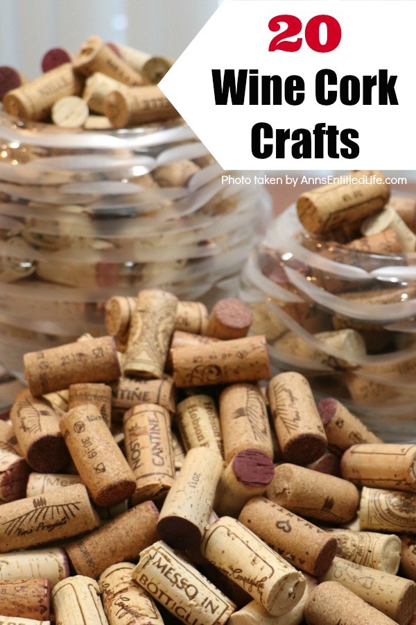 a closeup of a collection of wine corks in two glass bowls overflowing onto a wooden table