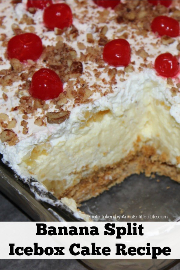 Close up of the inside of a banana split icebox cake in a pan (slice removed to show inside)