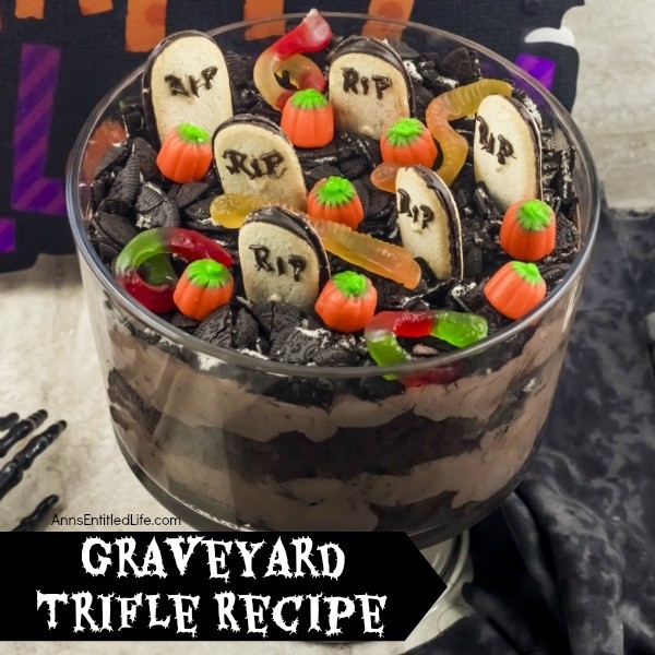 Graveyard Trifle Recipe. Ghosts, goblins, and ghouls will enjoy the fanciful graveyard scene on this tasty trifle recipe. The step-by-step instructions on how to make this graveyard trifle recipe are easy to follow. If you are looking for an easy Halloween dessert recipe your whole family will enjoy, this trifle is for you!