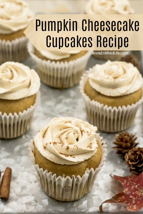 Six frosted pumpkin cheesecake cupcakes sitting on an aluminum tray, a few faux fall foliage pieces are staged in front.