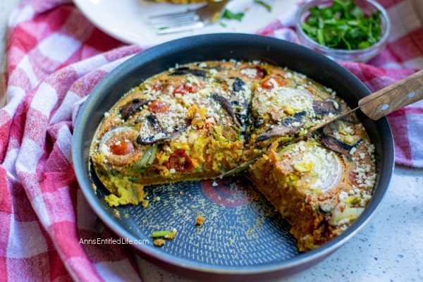 Easy Egg-Free Vegetable Frittata Recipe. This delicious no-egg vegetable frittata is a terrific breakfast casserole recipe the entire family will enjoy. Meatless and wheatless, without tofu or eggs, this simple-to-make frittata dish can easily be made vegan with one simple substitution.
