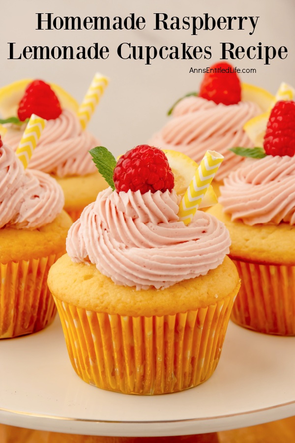 5 homemade raspberry lemonade cupcakes on a white plater