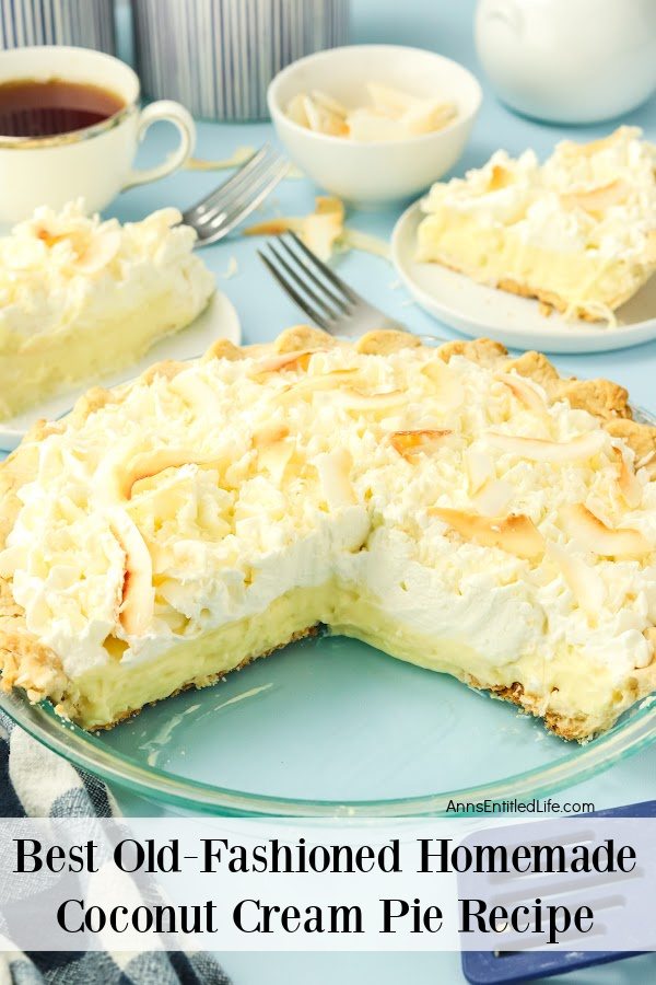 Coconut cream pie in a pie dish with several pieces removed. Those pieces are on white plate in the upper right and upper left.