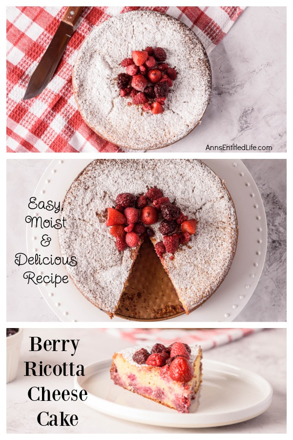A collage of three berry ricotta cheese cakes, one whole, one missing a piece, one plated piece