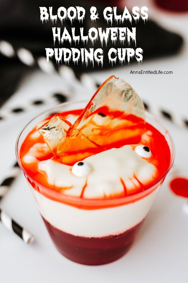 one homemade blood and glass pudding cup on a white counter