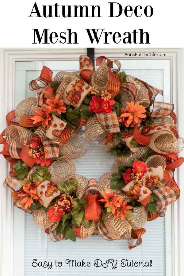 Autumn deco mesh wreath hanging on a glass door