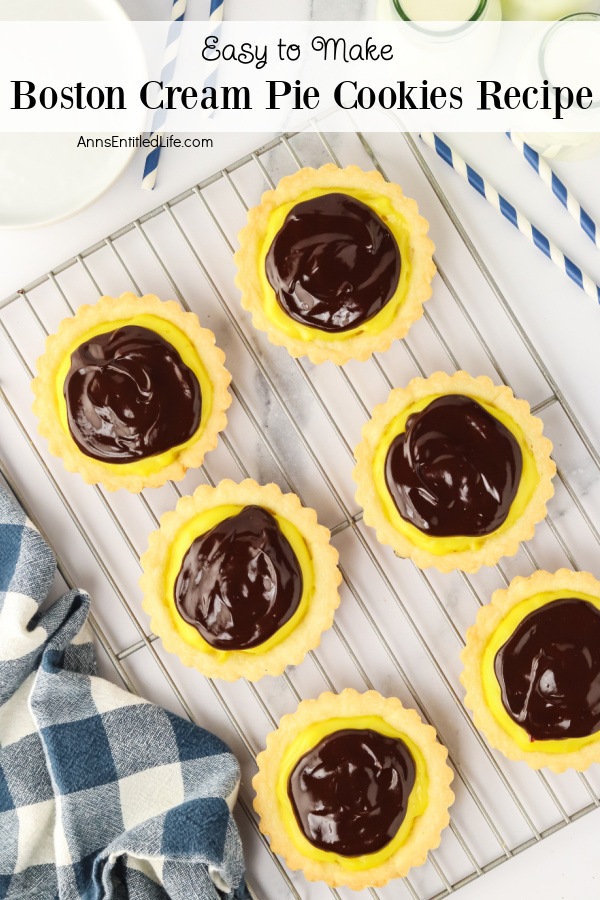 Overhead view of six Boston cream pie cookies on a wire baking rack.