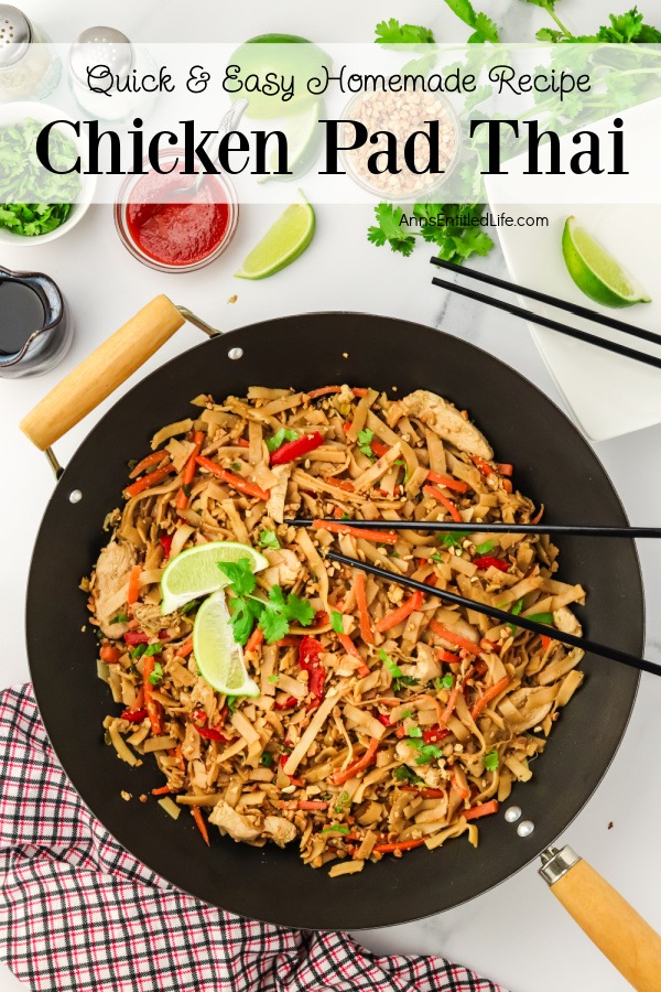 Overhead view of chicken pad Thai in a wok