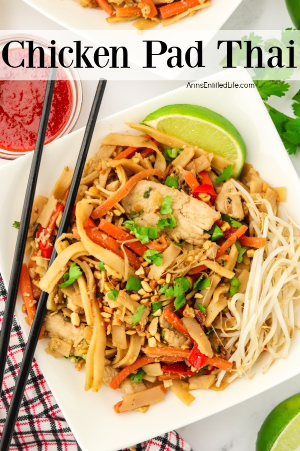 Overhead view of a servings of chicken pad Thai on a white plate