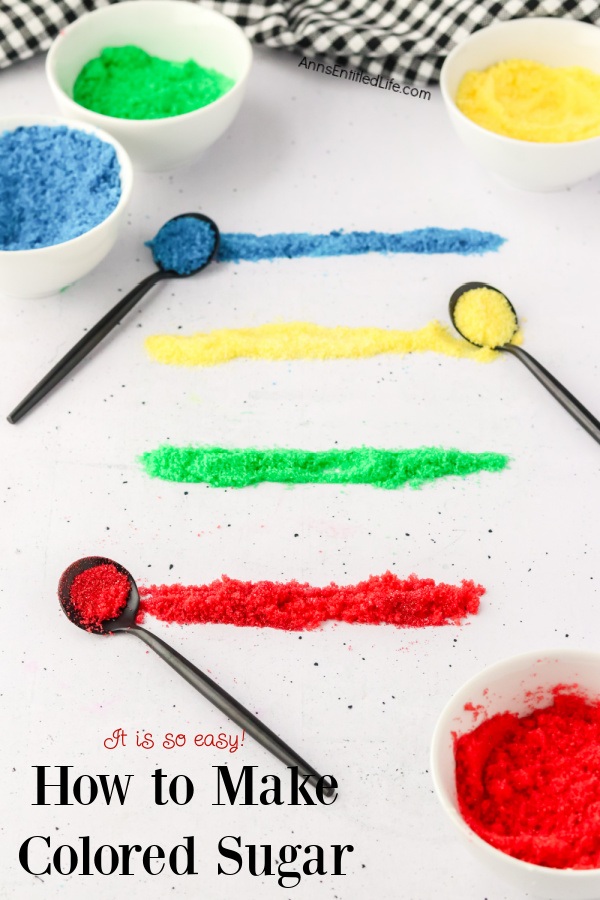 Four small white boals have colored sugar in them: red, green, yellow, and blue. There are lines of each sugar in the middle of the the surface.