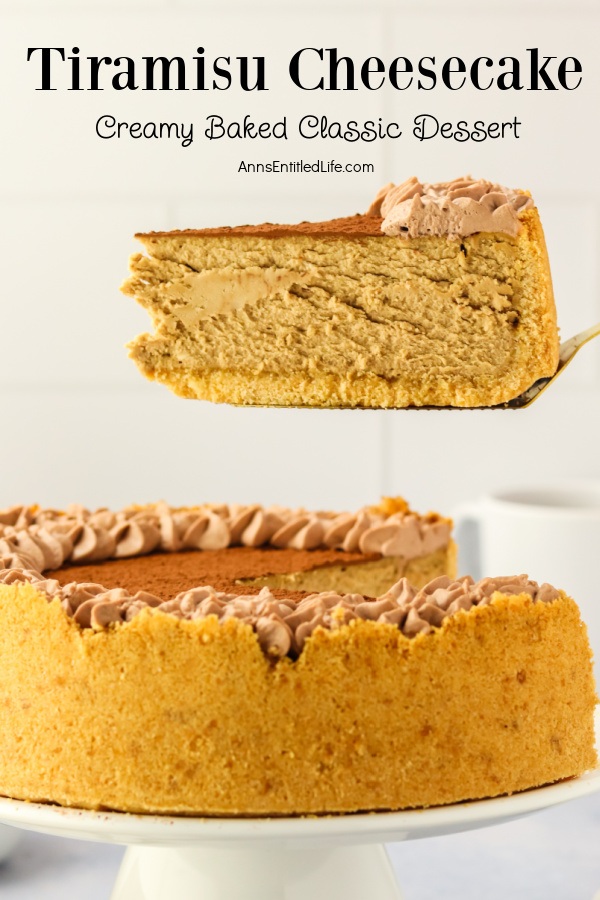 A piece of Tiramisu cheesecake on a white cake platter, there is a piece in profile being lifted from the whole cheesecake