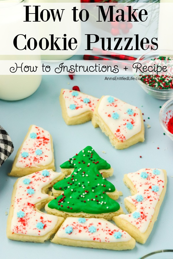 A Christmas tree cookie puzzle on a blue background, a bottle of milk in the upper left, a clear bowl of sprinkles in the upper right.