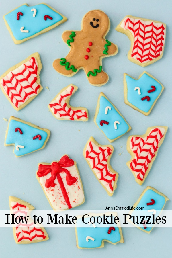 Separated pieces of sugar cookie puzzles. These are on a blue background.