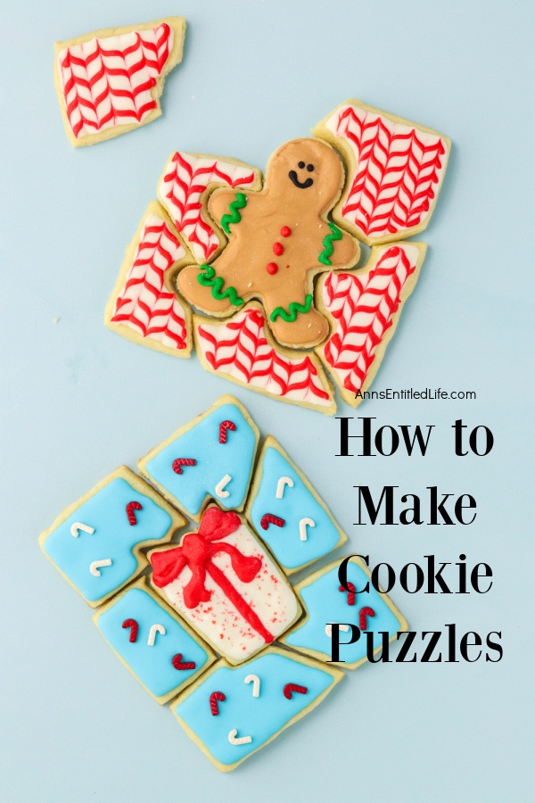 A gingerbread man cookie puzzle is on top, a gift cookie puzzle below. These are on a blue background.