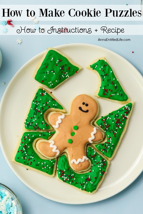 Overhead view of a gingerbread man cookie puzzle set on blue background.