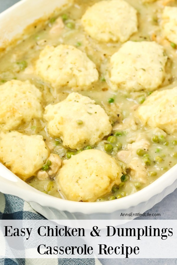 Up close view of a white 13x9 casserole dish filled with chicken and dumplings.